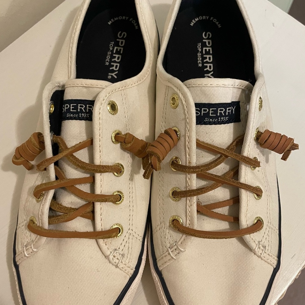 Sperry White and Brown Boat Shoes with Lace-Up Design- never worn